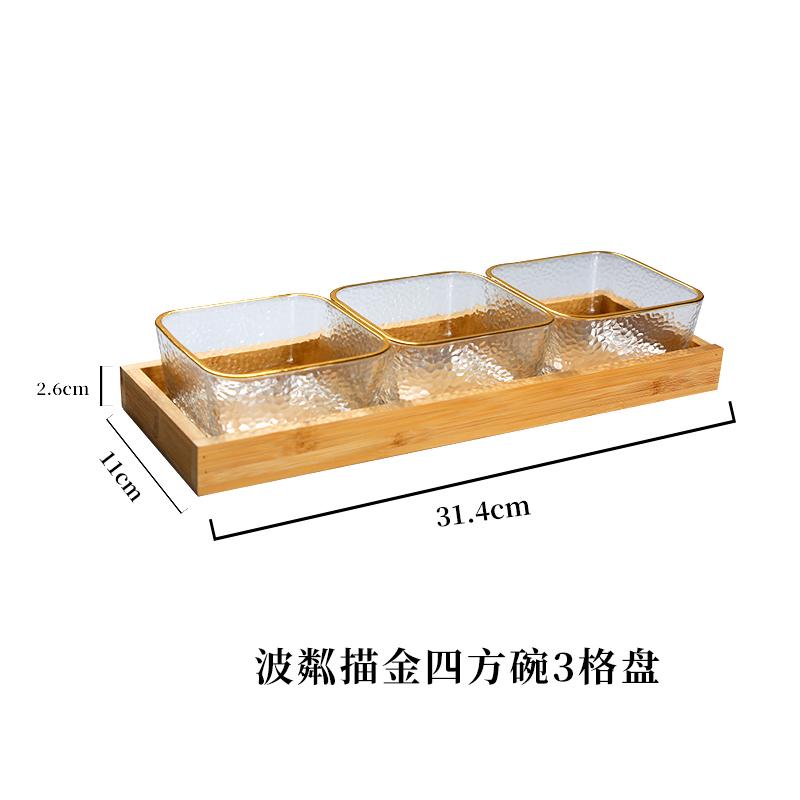 Lätt Lyx Delad Torkad Fruktfat Hushåll Glas Frukt Snacksfat Bambuträbricka Snacksfat Fyrkantig Skål Godislåda