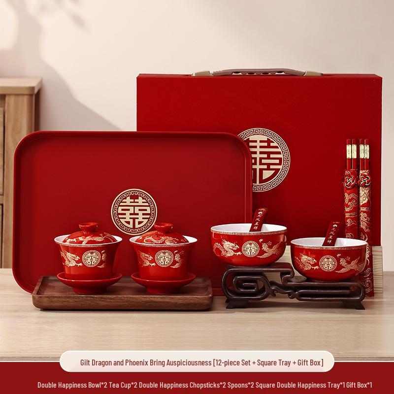 Red Wedding Tea Set: Tea Cups, Bowls & Chopsticks - Perfect for Weddings & Celebrations