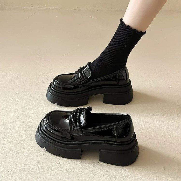 Black thick-soled new heightened soft-soled single shoes retro British style JK small leather shoes