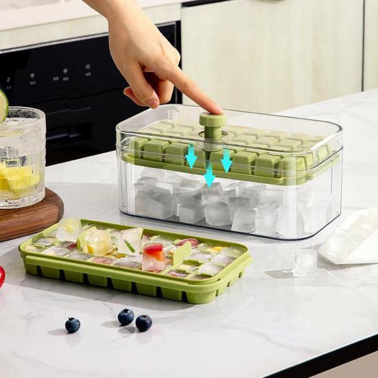 Ice Cube Mold with Lid And Storage Box One-Press Easy-Release Double Layer Ice Tray with Scoop BPA-Free Food Grade Ice Maker for Cocktails Whiskey