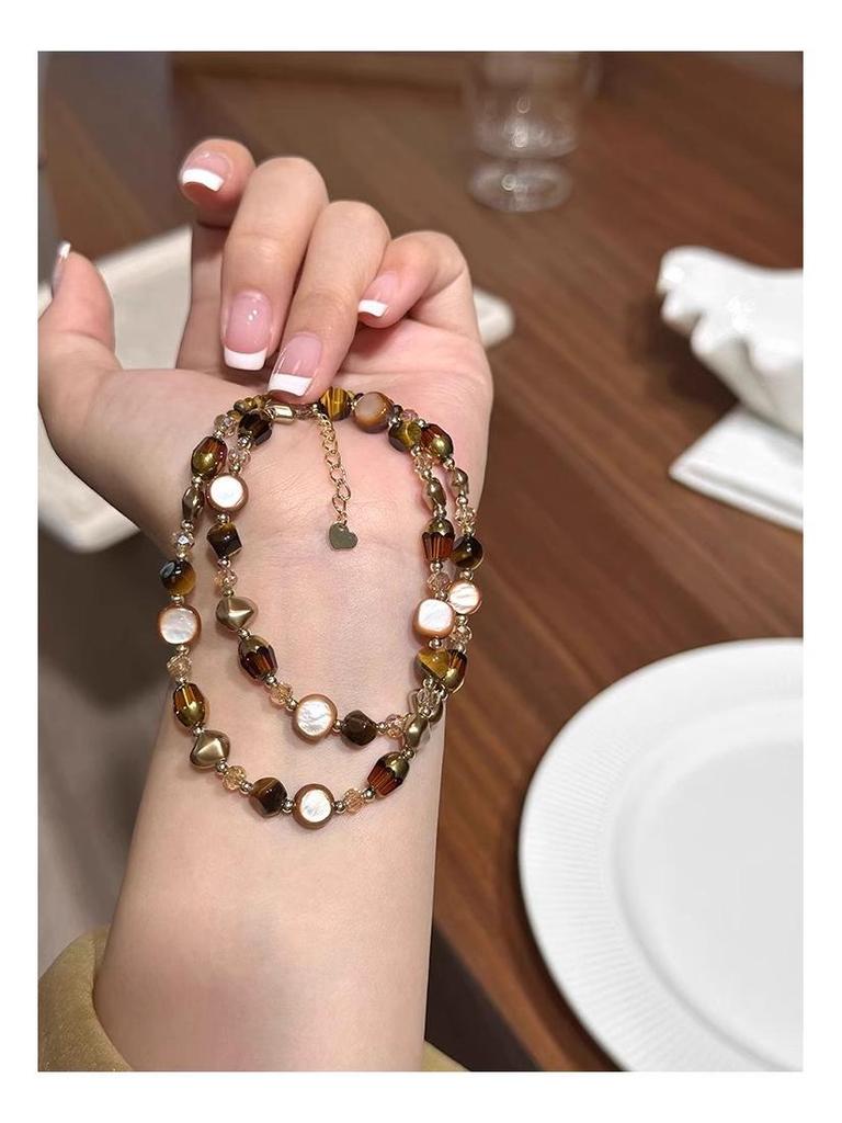 Maillard kávový perlový náhrdelník s korálky tygřího oka pro ženy
