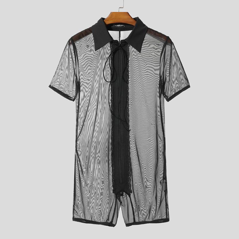 INCERUN Men Sleeveless Stitching Mesh Sheer Transparent Jumpsuits Underwear 