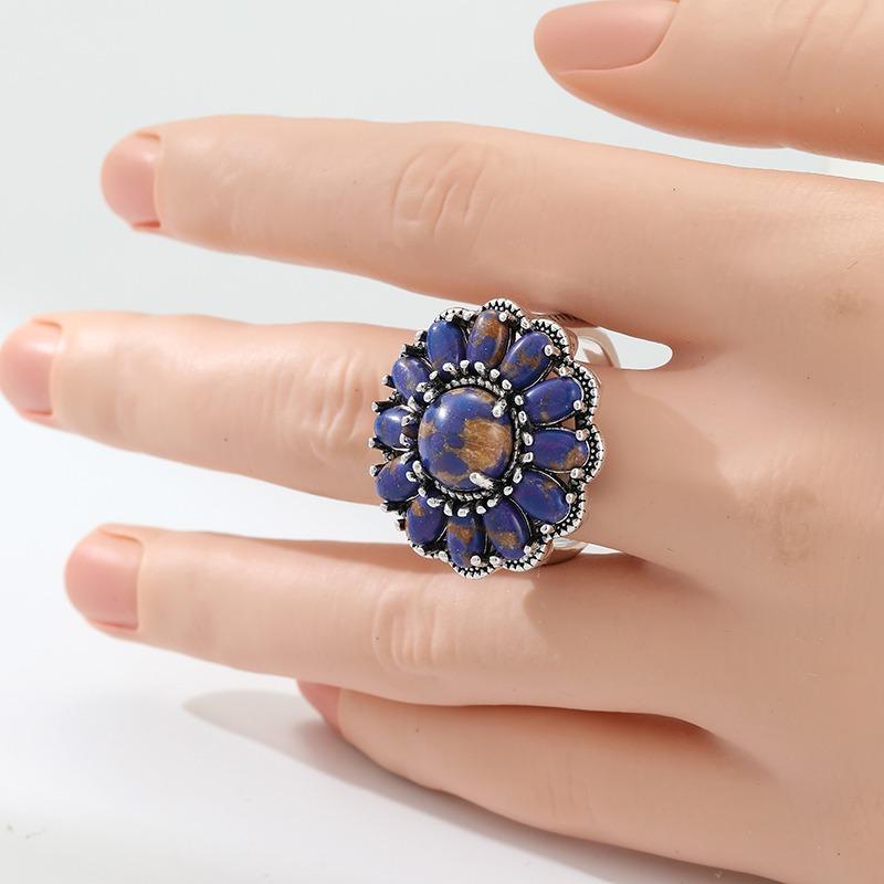 Ethnic Inlaid Imitation Lapis Lazuli Flower Women's Ring Vintage CopperColor Geometry Daily Wear Party Jewelry Anniversary Gift