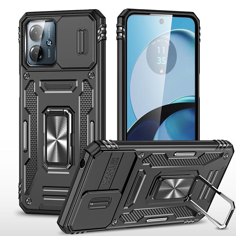 Armor Series For Motorola Moto G54 5G Case PC+TPU Kickstand Phone Cover with Slide Lens Protector