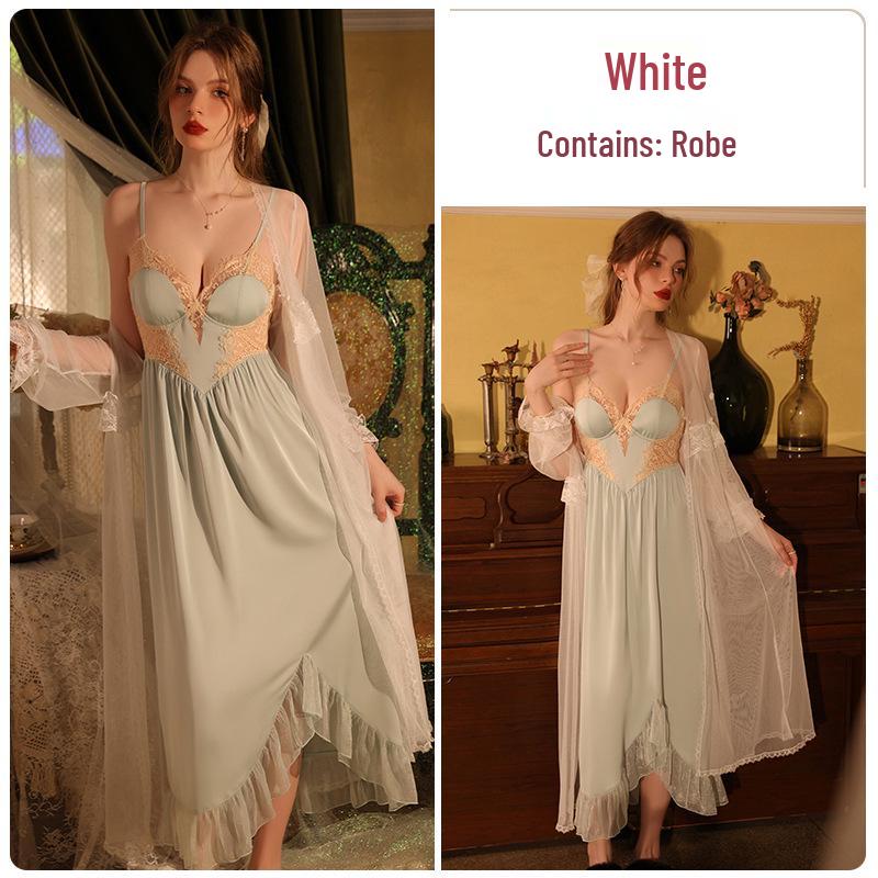 Elegant Satin & Lace Deep V Backless Nightgown and Robe Set J3343