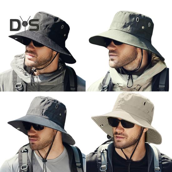 Men Summer Sun Hat Windproof Strap Wide Brim Anti-UV Sun Protection Foldable Portable Gardening Fishing Travel Cap Outdoor Fisherman Hat