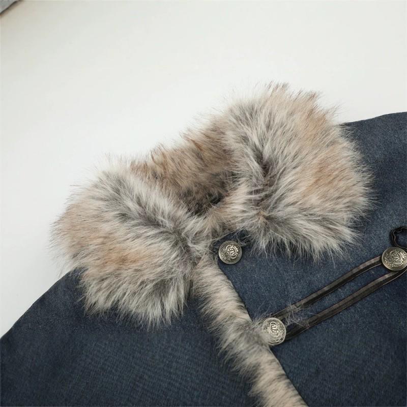 Vintage Mens Cotton Puffer Coat With Faux Fur Collar Loose Fit Single-Breasted Washed Winter Warmth