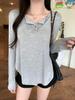 Pure Desire Grey V-neck Long Sleeve Sun Protection T-shirt for Women – Early Autumn Loose Chic Style