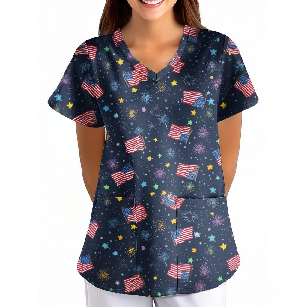Women's Independence Day Printed Loose V-Neck Pocket Short-Sleeve Caregiver/Uniform