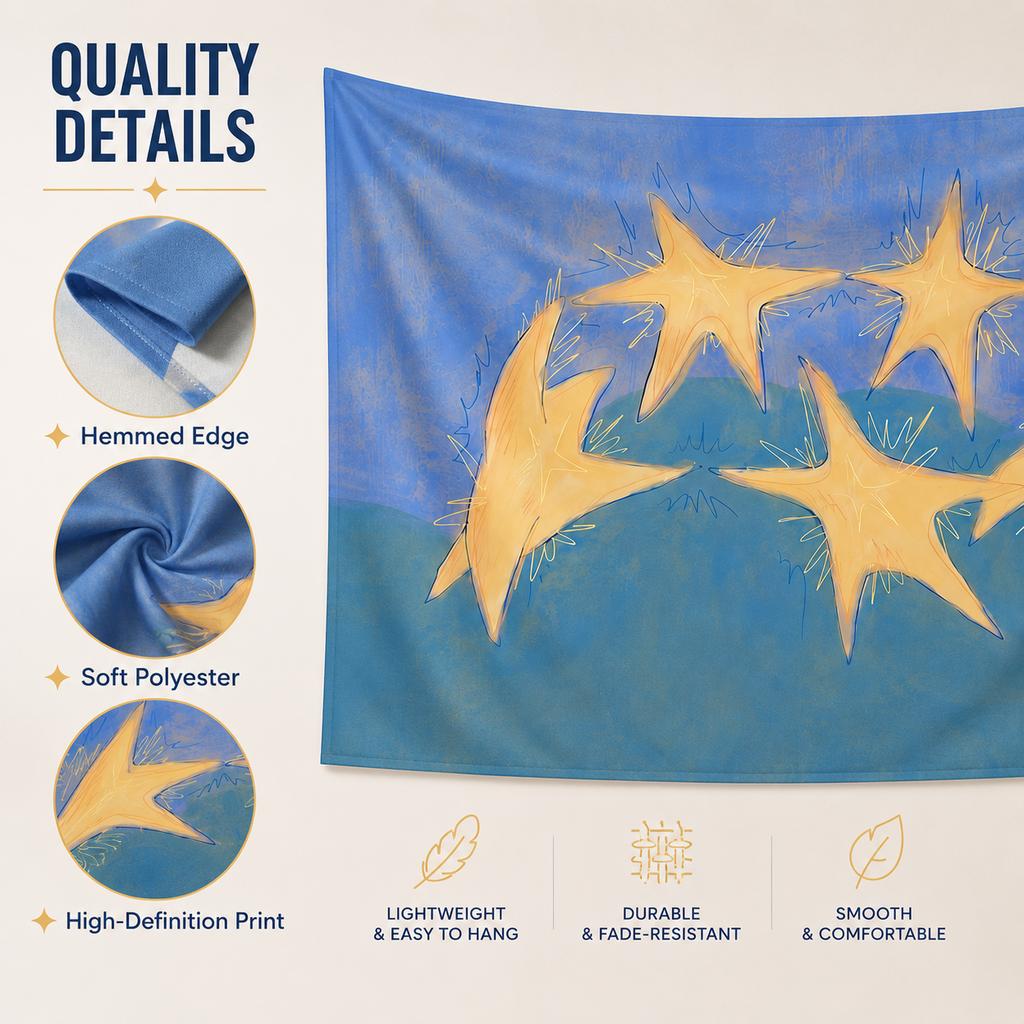Modern Yellow Star Tapestry Flat Print Blue Background Wall Hanging For Office Dorm Bedroom Aesthetic Room Decor Wall Cloth