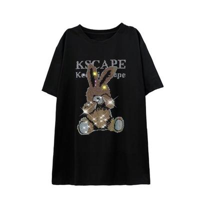 Heavy Industry Cartoon Rabbit Ironing Diamond Short Sleeve Large T-shirt Summer Medium-Length Loose Top for Women