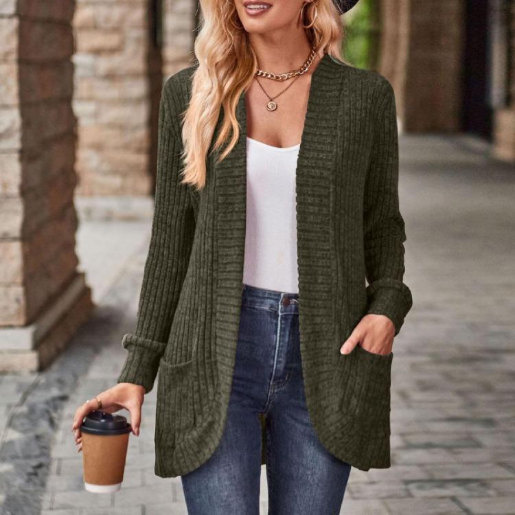 Ladies Long Sleeve Solid Color Cardigan Sweater Coat Top for Women