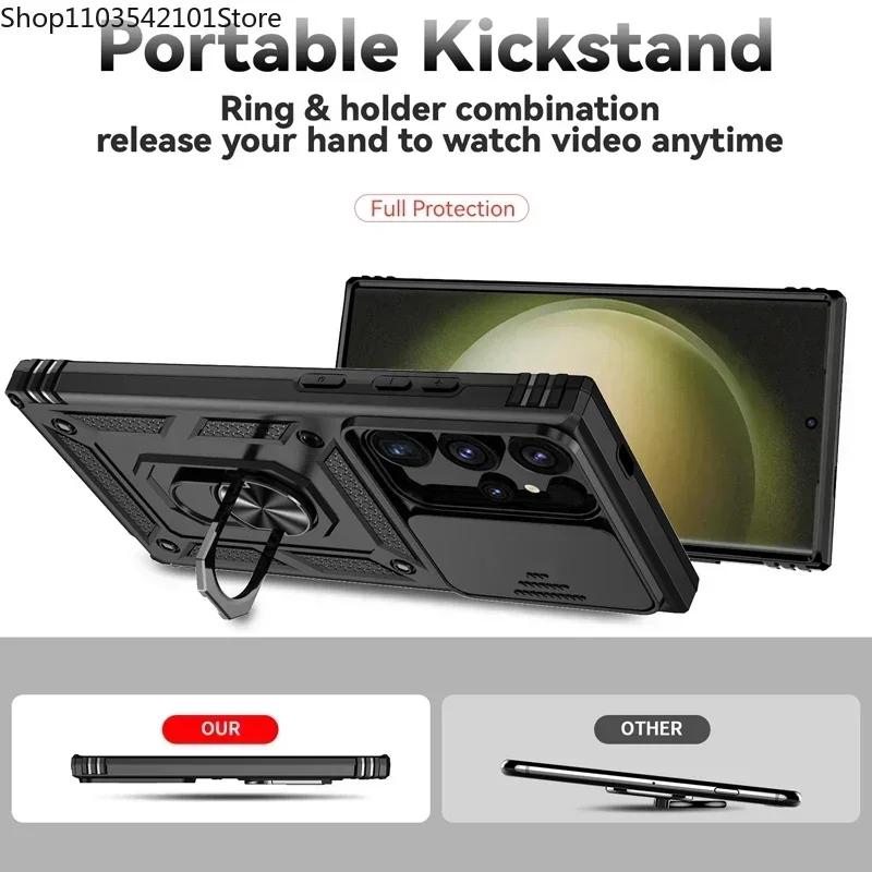 Slide Camera Lens Military Grade Armor Case For Samsung Galaxy S25 Ultra Plus S24FE A16 A06 A26 A36 A56 Holder Ring Stand Cover