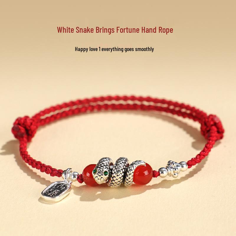 Benmingnian Red Agate Couple Bracelet: Hand-Woven Red String Braided Rope for Wealth & Fortune, Women's Fu Snake Design.