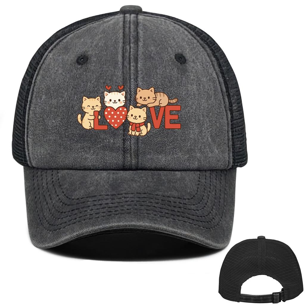 LOVE Heart Cat Printed Sun Hat Adjustable Vintage Simple Snapback Baseball Cap Flat Brim For Women Unisex Outdoor Camping Golf