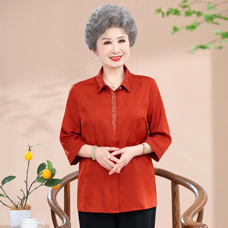 

Mom s Summer Elegant Silk Embroidered Shirt for Middle-Aged & Elderly Women - Loose Fit XL (Recommended for 100-110 jin) помаранчевий