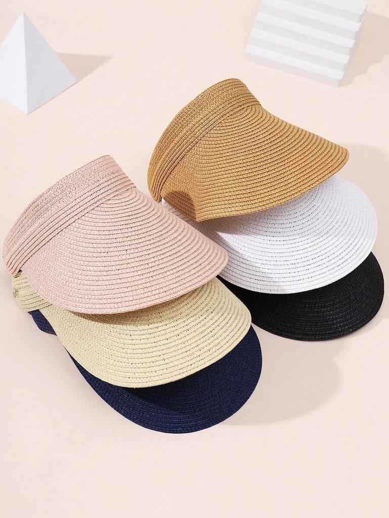 Womens Straw Visor Hat Wide Brim Rollable Foldable Summer Beach Sun Hat
