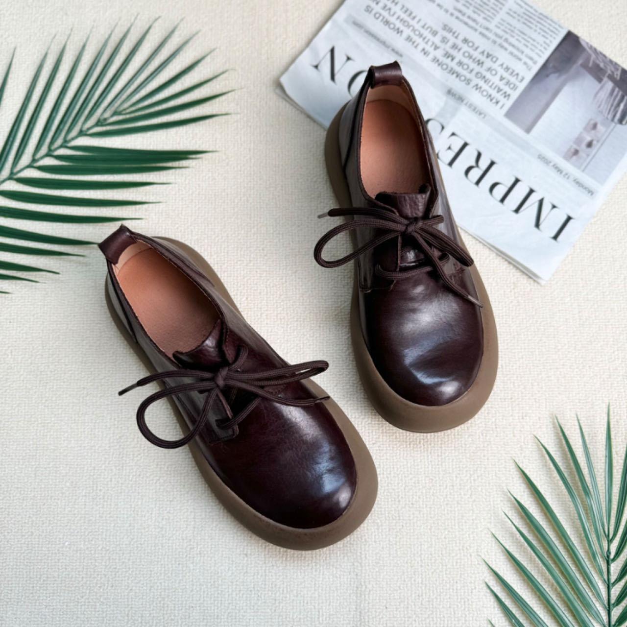 

Весенняя новая женская обувь из первого слоя коровьей кожи на шнуровке на толстой подошве одинарная обувь ретро с круглым носком женская обувь на мягкой подошве с мягкой поверхностью 39 темно-коричневого