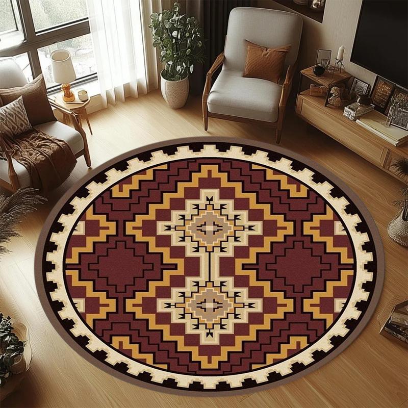

Tribal Geometric Round Area Rug Non-Slip Washable Floor Mat with Southwestern Print in Red Brown Maroon for Bohemian Home 80cm x 80cm