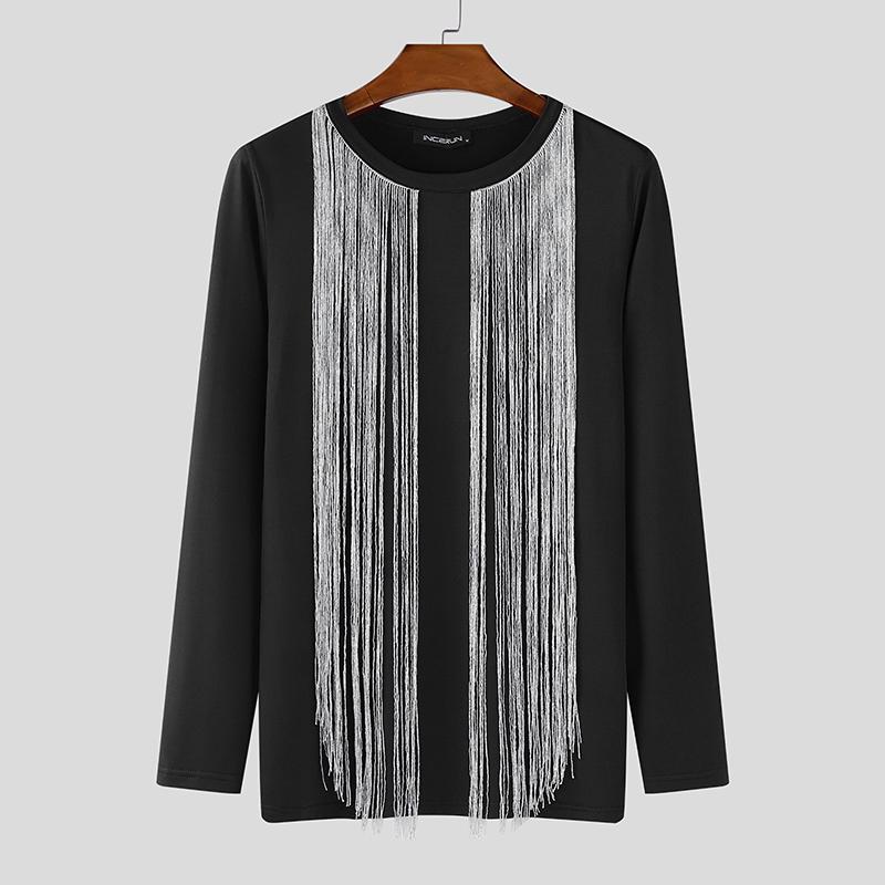 

INCERUN Men Long Sleeve Glitter Tassel Patchwork Casual Fitted T-shirts Tops 3XL чёрный