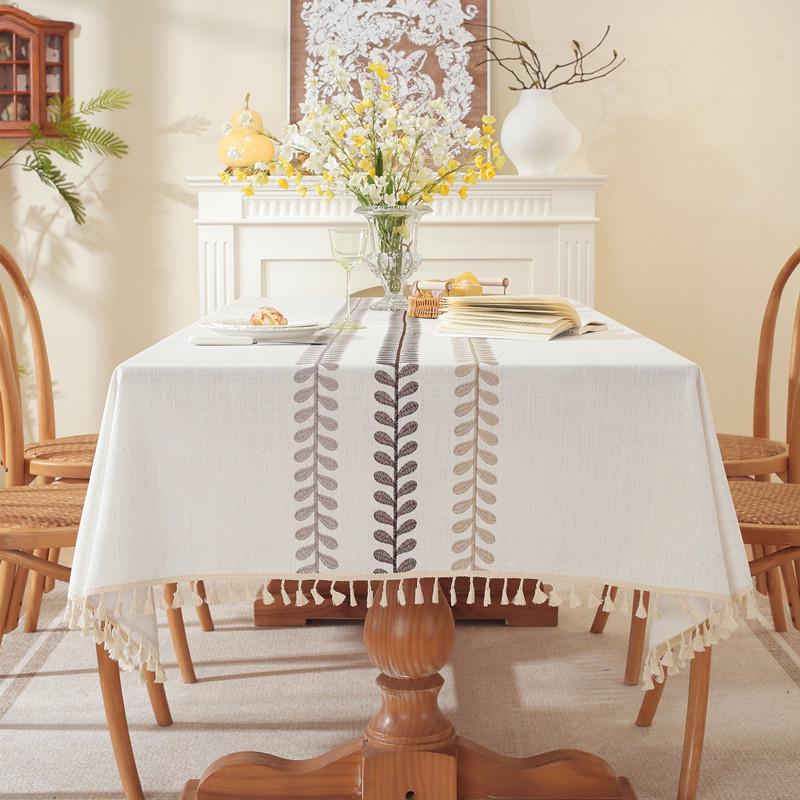 Cross-border Embroidered Plaid Floral Tassel Tablecloth for Coffee & Dining Tables