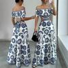 Summer new European and American holiday style one-word shoulder printing long dress women's waist design dress