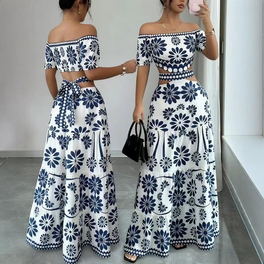 Summer new European and American holiday style one-word shoulder printing long dress women's waist design dress