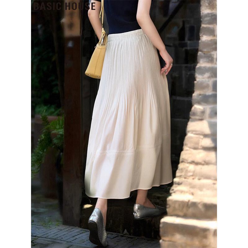 Basic House Women s White Pleated High-Waisted A-Line Skirt L