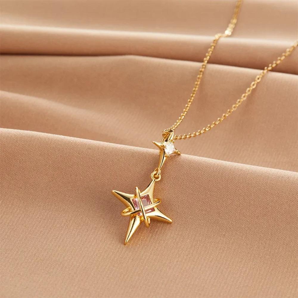 Original Four Pointed Star Crystal Pendant Necklace for Women Charm Gold Color Stainless Steel Cross Collar Jewelry Colorfast