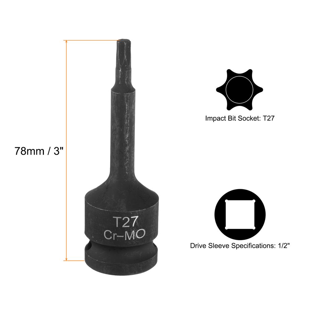 T20-T100 Torx Bit Socket 1/2" Drive 6 Point Torx Star Screwdriver Socket Adapter CR-MO Steel Lengthen Impact Bit Sockets