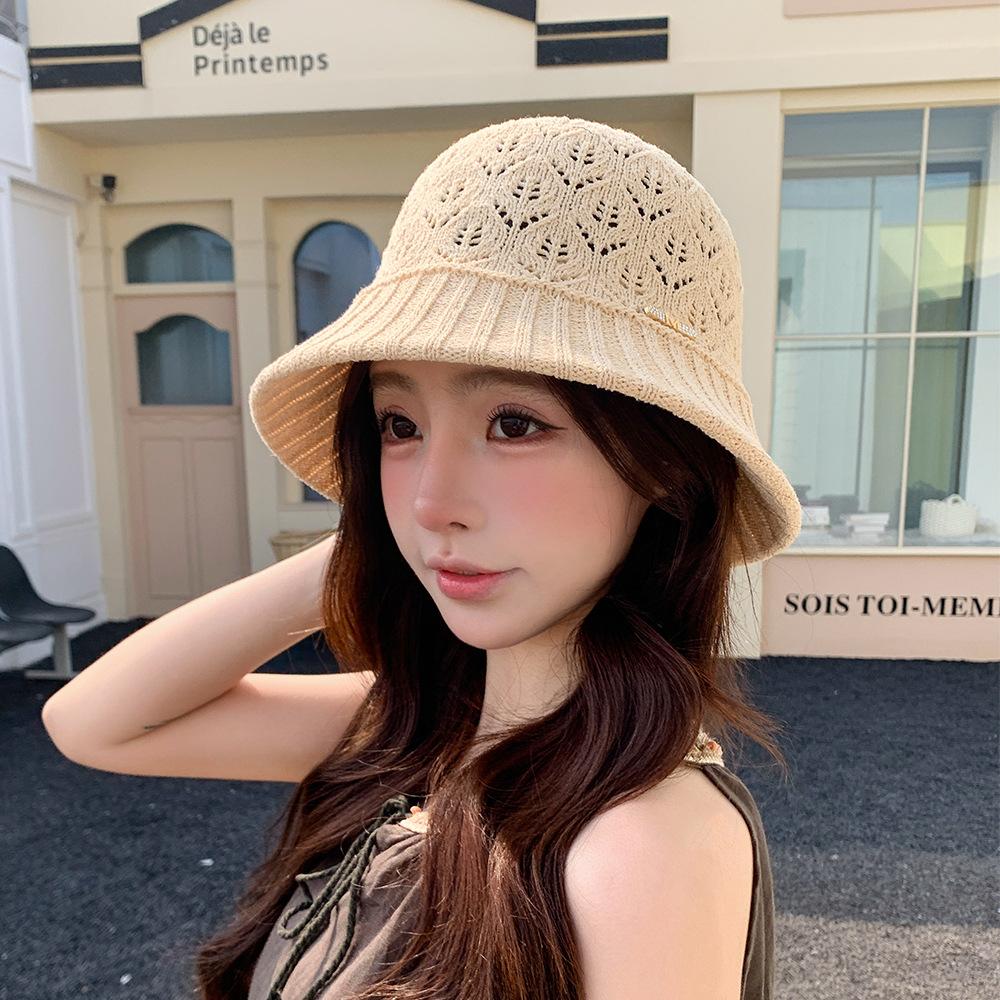 

Knit Bucket Hat Sun Protection Breathable Hollow Out Summer Beach Sunshade Plain Color Women One size fits all бежевий
