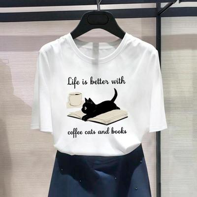 (Asian Size) Fashion Print Cat Book Coffee Love Trend Female Casual Women's Top Casual T Clothing Graphic Tee Short Sleeve T-shirt