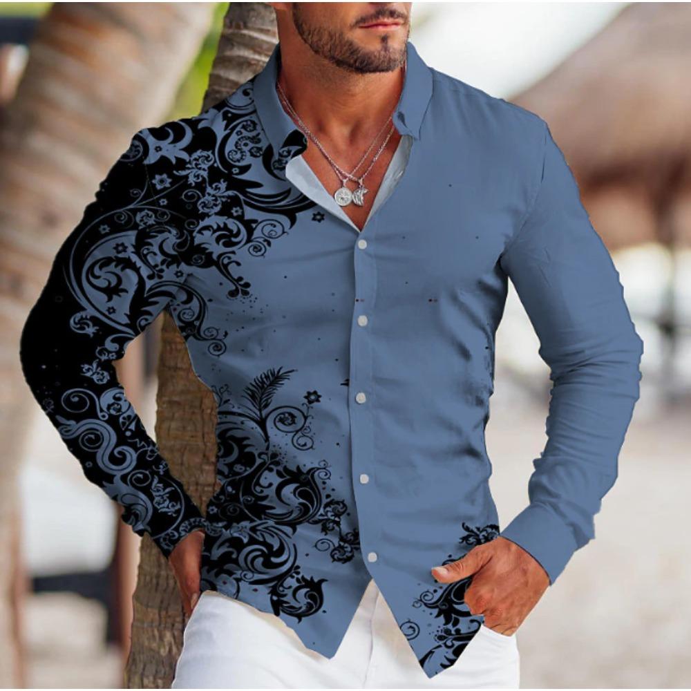 Men's Distressed Printed Long Sleeve Shirts Casual Cardigan New Button Holiday Fashion Shirts