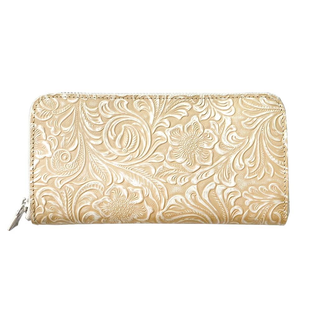 Gratia Women's Long Wallet, Round Wallet, Genuine Leather, Made in Japan, Floral Embossed Leather, Round Zipper, G057 (White)