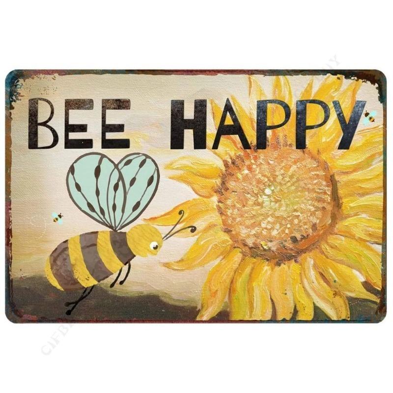 Bee Metal Wall Sign for Home Cafe Bar, Creative Tin Decor 30x20cm