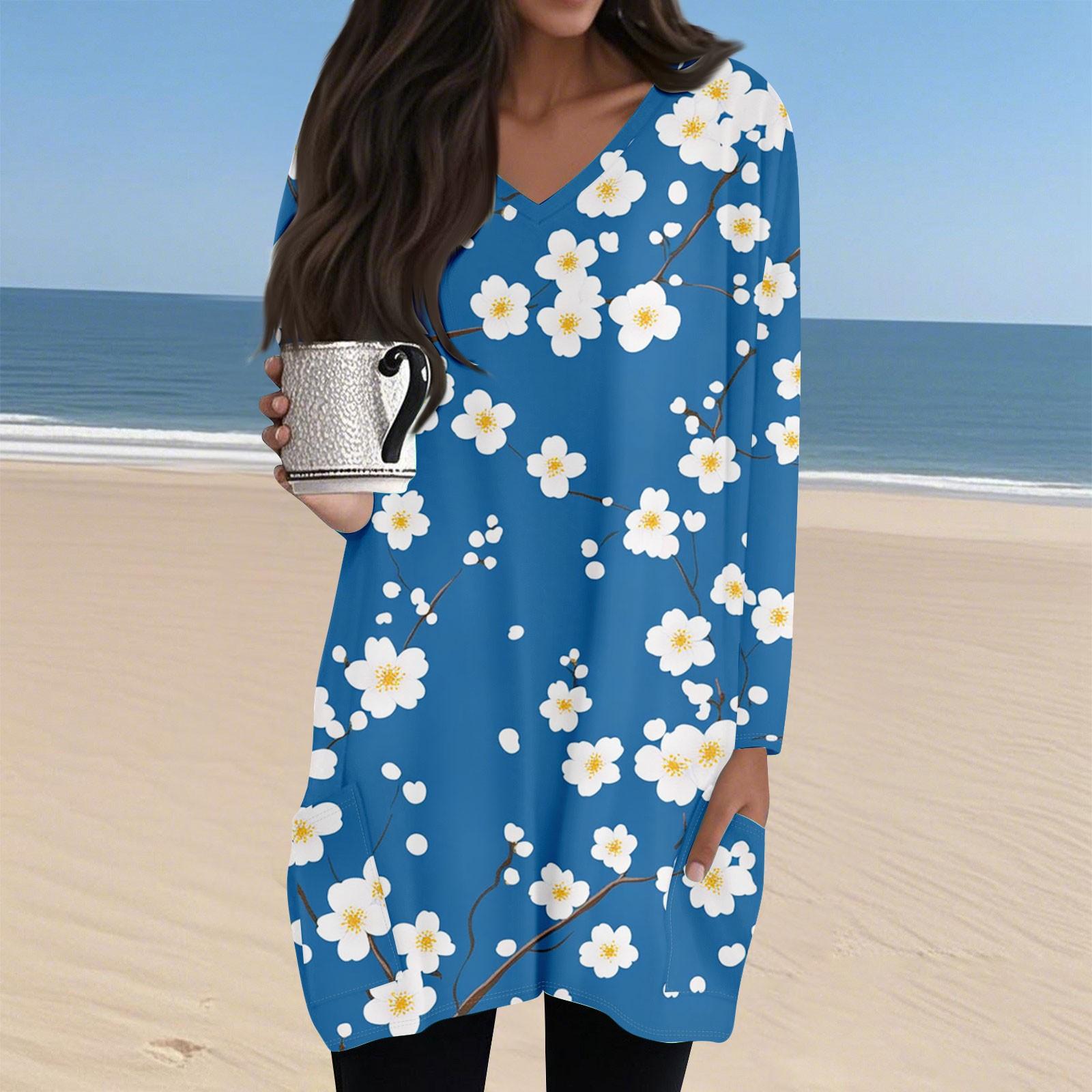 

Женский повседневный и модный топ с V-образным вырезом, цветочным принтом, средней длины, с карманом и длинными рукавами XXL