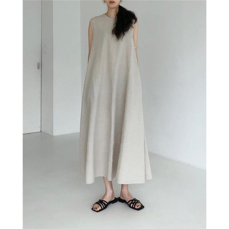 Pumpkin Color Lazy Simple Swing Loose Sleeveless A-line Vest Long Skirt Slimming Dress