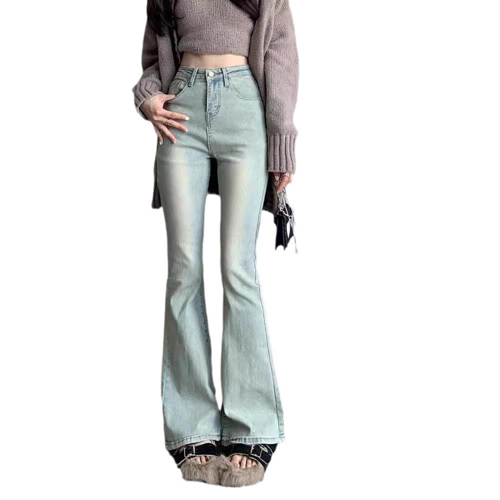 Light Color High Waist Retro Washed Slim Fit Plus Size Women's Flared Jeans
