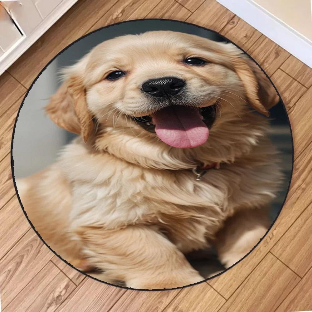 Słodki złoty szczeniak uśmiech okrągła mata salon sypialnia kuchnia balkon dywaniki antypoślizgowe joga dekoracja domu dziewczyna prezenty dywan