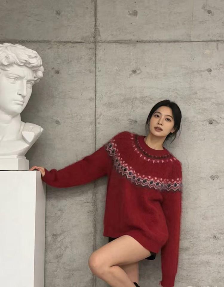 Women's Retro Fair Isle Cashmere Wool Sweater - Loose, Fashion-Forward, Heavyweight Knit in Lazy Style