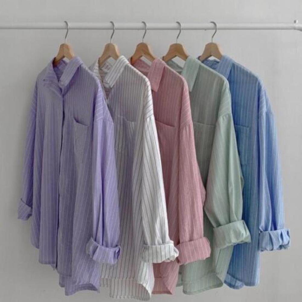New ArrivaLs Open Run Long SLeeve Spring Shirt Stripe CoLLar Neck Women PasteL L