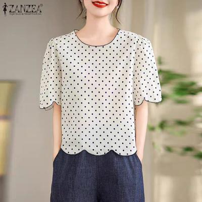 Womens Summer Round Neck Short Sleeve Polka Dot Wave Edge Hem Blouse