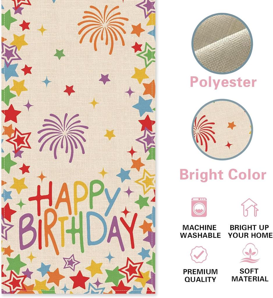 Happy Birthday Colorful Stars Linen Table Runner Party Decor Reusable Kitchen Dining Table Runner for Home Party Birthday Gifts