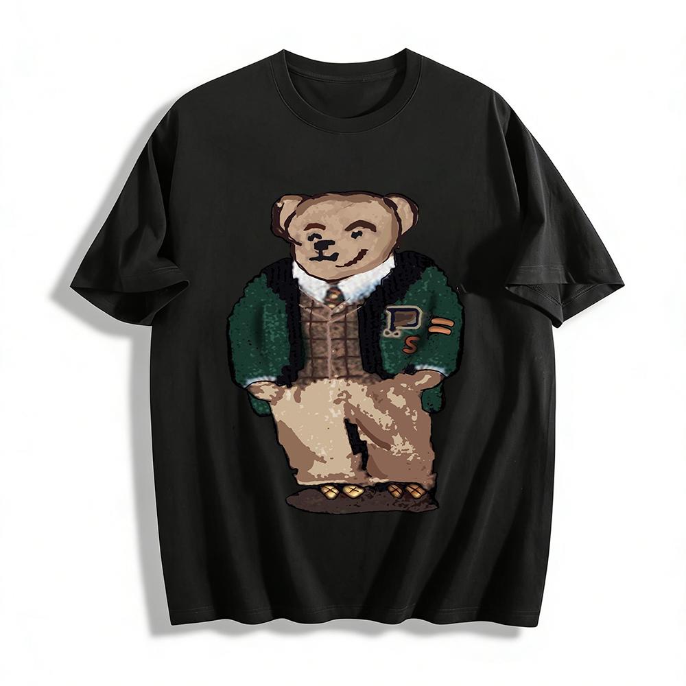 

Vintage Preppy Style Bear Print Casual Top Loose Fit Daily Commute Shirt For Men Women Pure cotton T-shirt XXS