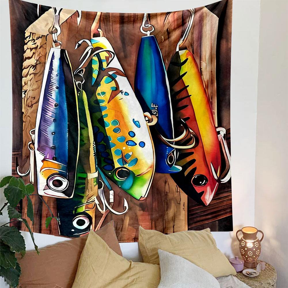 Colorful Fishing Lures Hanging on Wood Patterned Tapestry Decorative Wall Hanging, Home Bedroom Living Room Decor