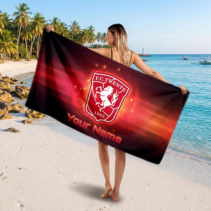 FC Twente Custom Beach Towel, Personalized Name Text Print, Football Logo Soft Quick‑Dry Towel Holiday Gift