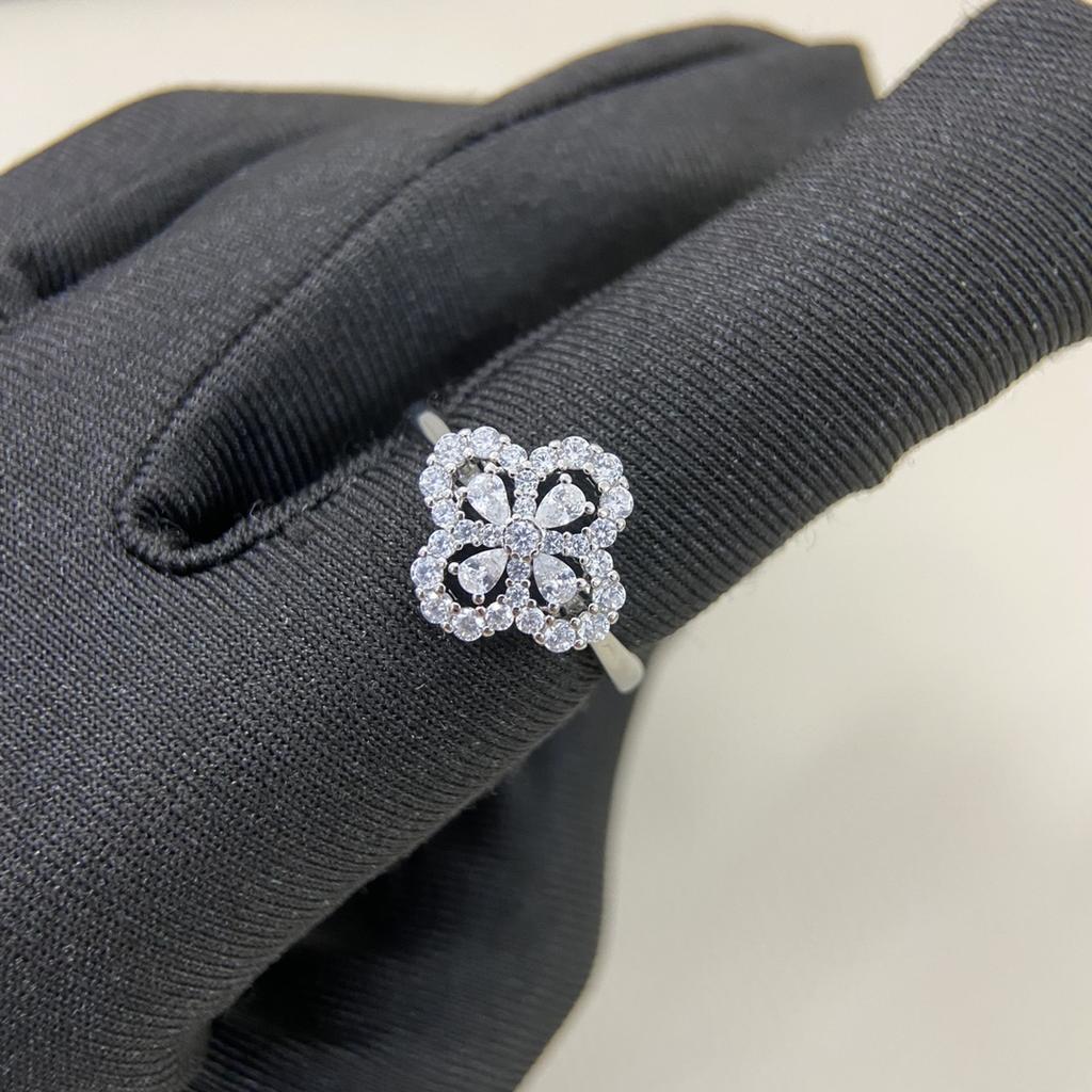 S 925 Silver AAA Zircon Clover Flower Full Diamond Ring Women's Gift