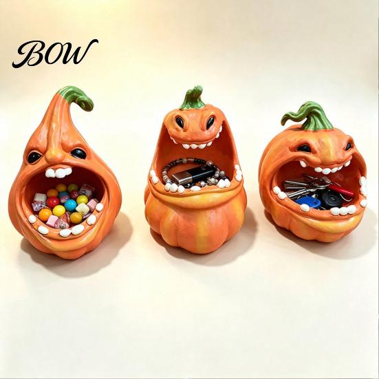 Resin Pumpkin Storage Bowl Big Mouth Box, Halloween Figurine Jewelry Tray, Holiday Desk Ornament Trinket Keys Candy Holder for Home Office Decor