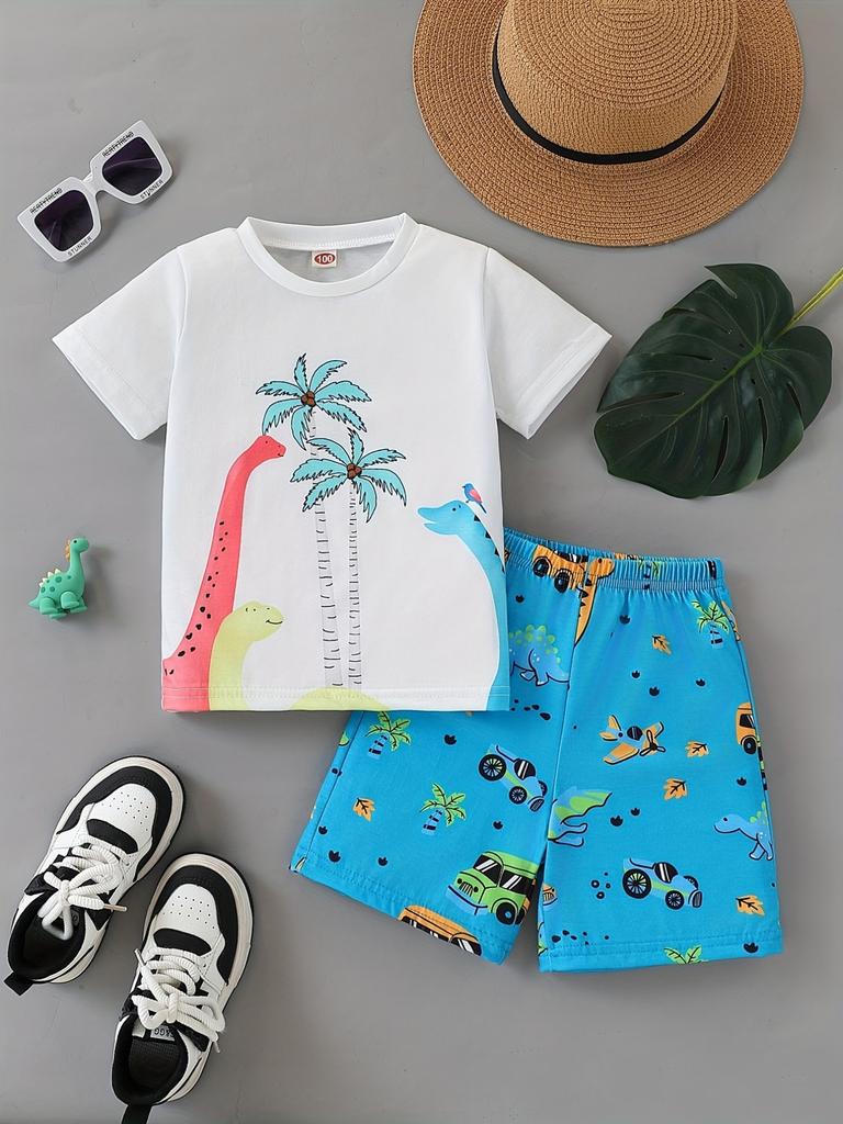 Cartoon Car Graphic Children's Sets Short Sleeve T-Shirt Fashion Suit for Girls Tops Round Neck Toddler Boy Clothing Child Sets