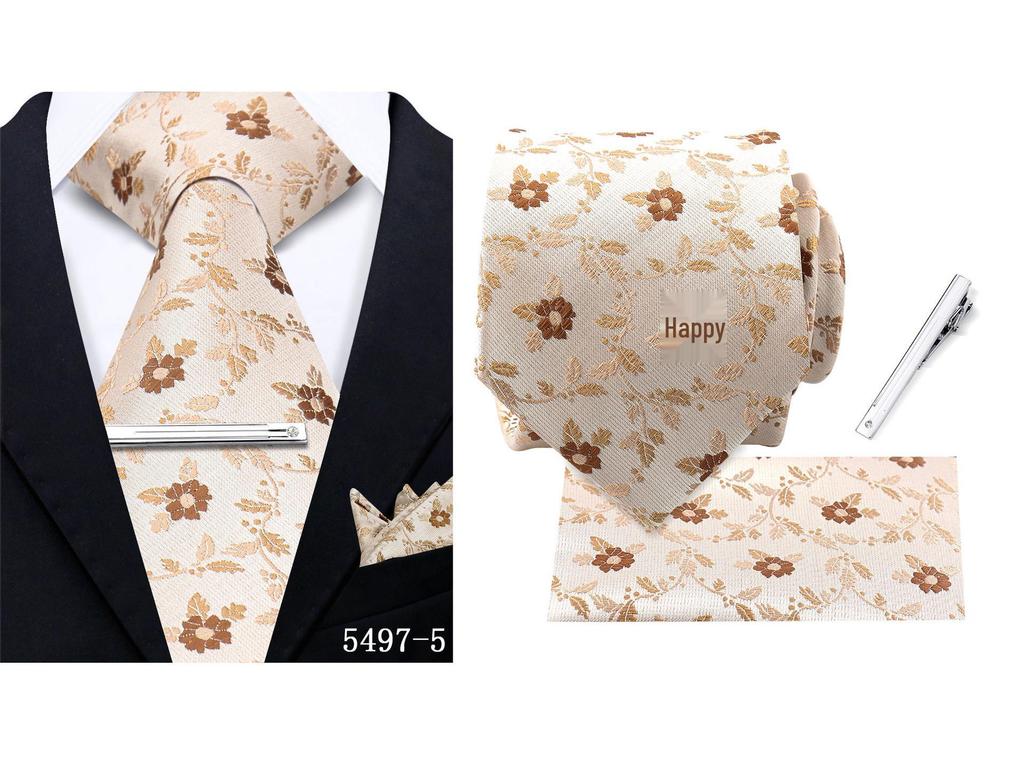 Men's Retro Floral Tie, Pocket Square & Tie Clip Set for Weddings